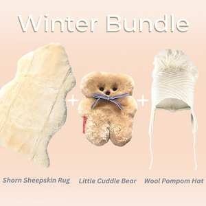 Winter Bundle – Sheepskin Rug + Little Cuddle Bear + Merino Wool Hat